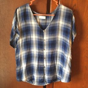 V-neck blue plaid button down